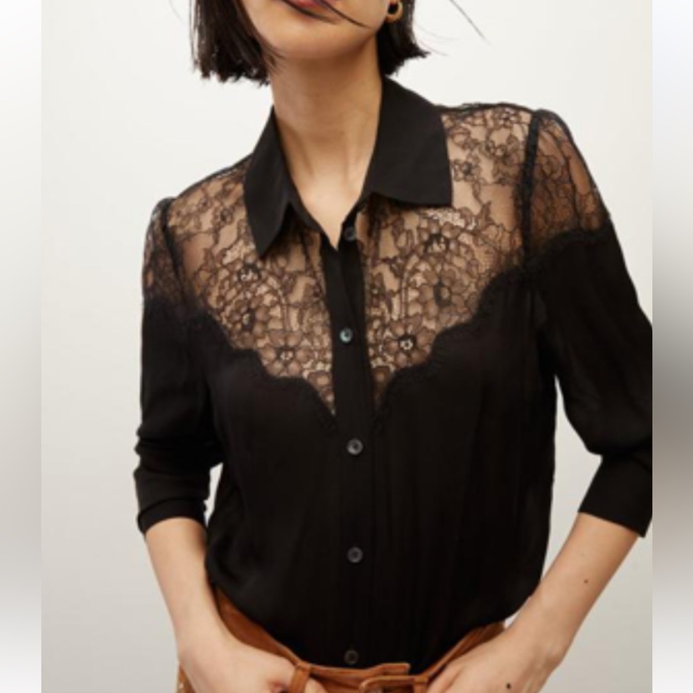 Veronica Beard Greer Lace Yoke Stretch Silk Shirt